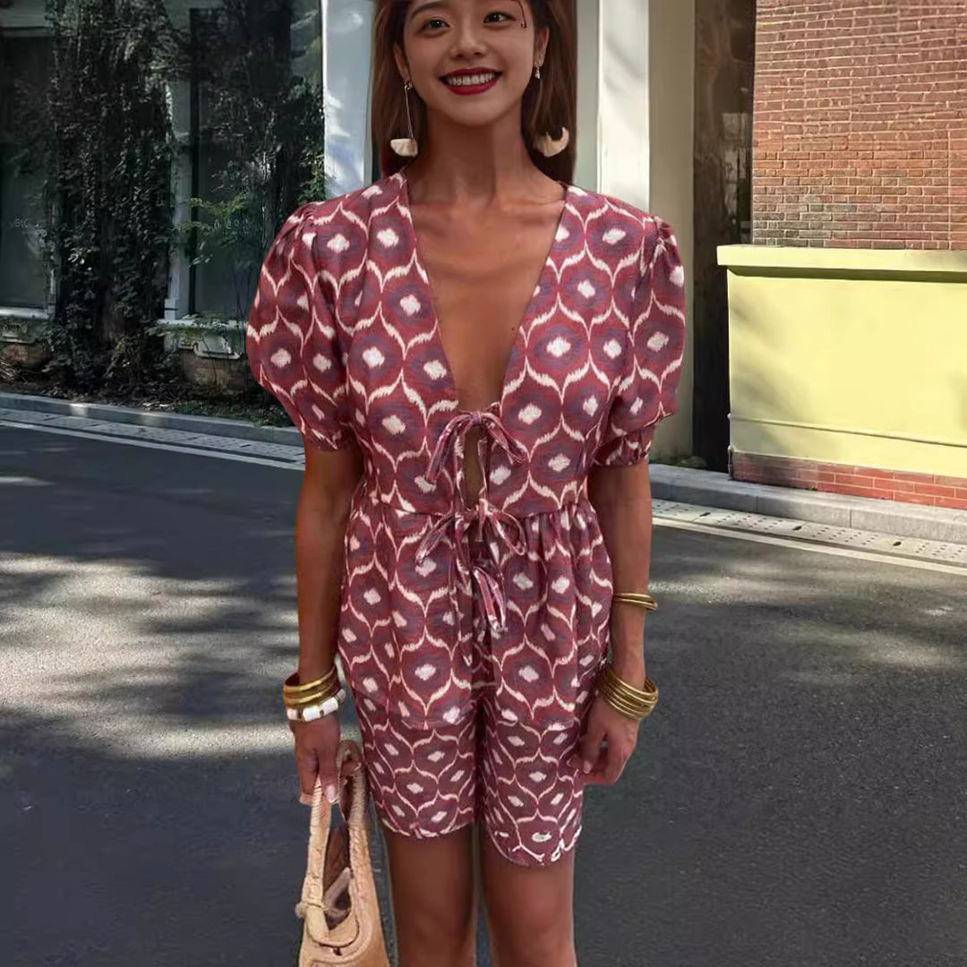 Damen Elegantes Set mit Puffärmeln und aufgesetzten Taschen Drune