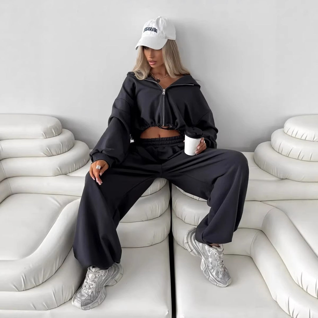 Damen bequemer Cropped Hoodie und weite Jogginghose Drune