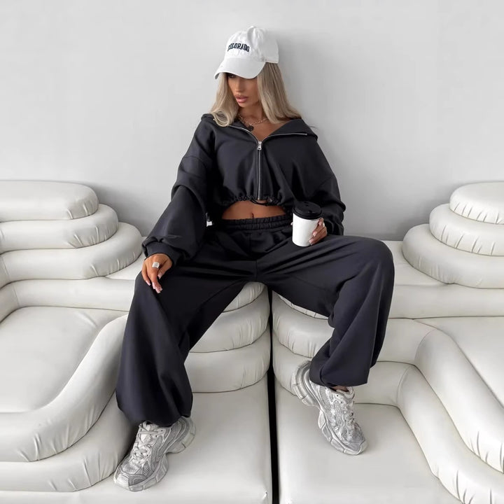 Damen bequemer Cropped Hoodie und weite Jogginghose Drune