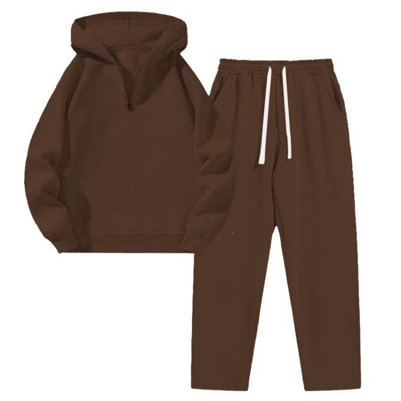 Damen nan Relax-Set mit kurzem Halbzip, übergroßer Kapuze und taillenhoher tapered Jogginghose Drune