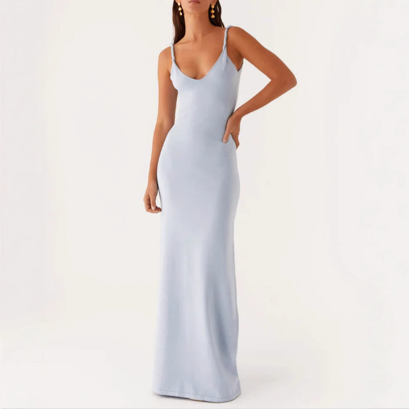 Damen Langarm-Maxikleid aus hochwertigem, elastischem Material mit tiefem V-Ausschnitt und eleganten Spaghetti-Trägern Drune