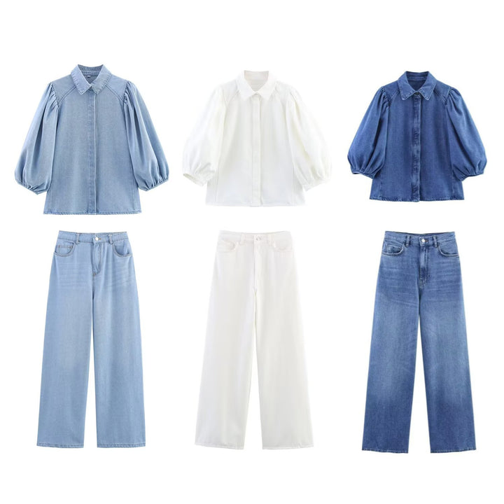 Damen luftige und strukturierte Bluse mit Balloonärmeln und weiten Jeans Drune