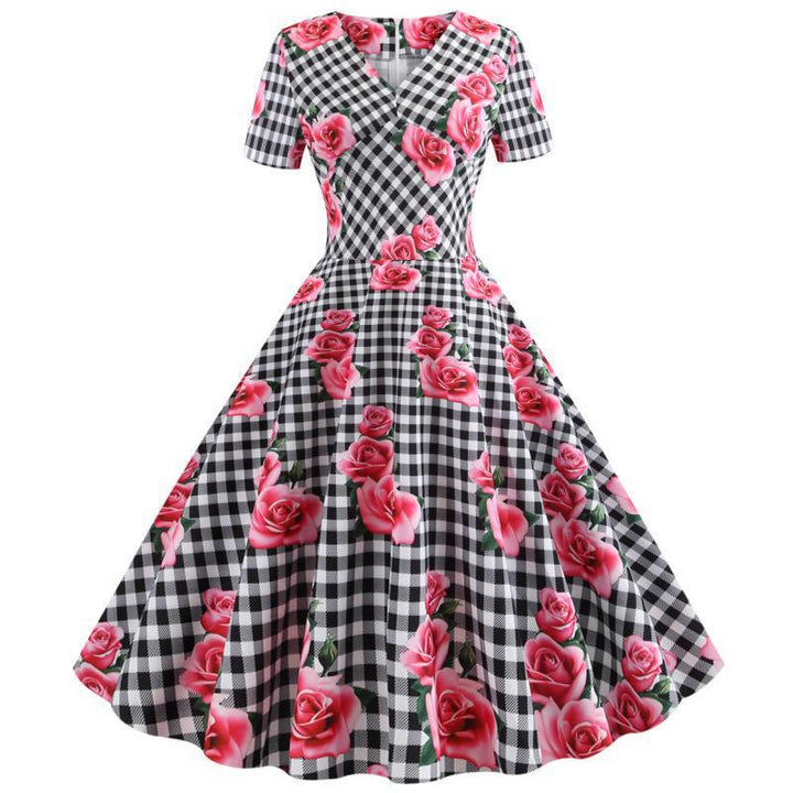 Damen Rockabilly Kleid mit floralem Karomuster Drune
