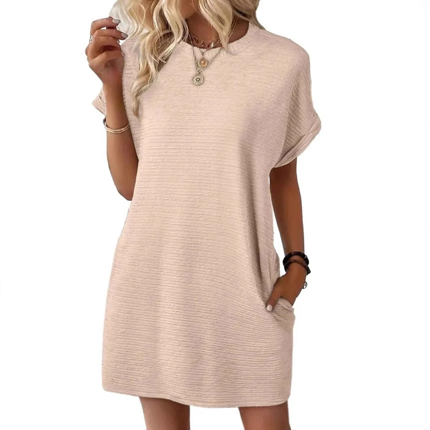 Damen lässiges Kurzarmkleid mit strukturiertem Stoff und seitlichen Taschen Drune
