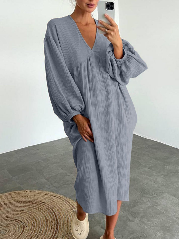 Damen lässiges Oversized-Kleid mit voluminösen Ärmeln und V-Ausschnitt Drune