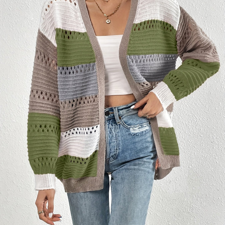 Damen Großer Strickcardigan mit einzigartigem Lochmuster und Farbblockdesign Drune