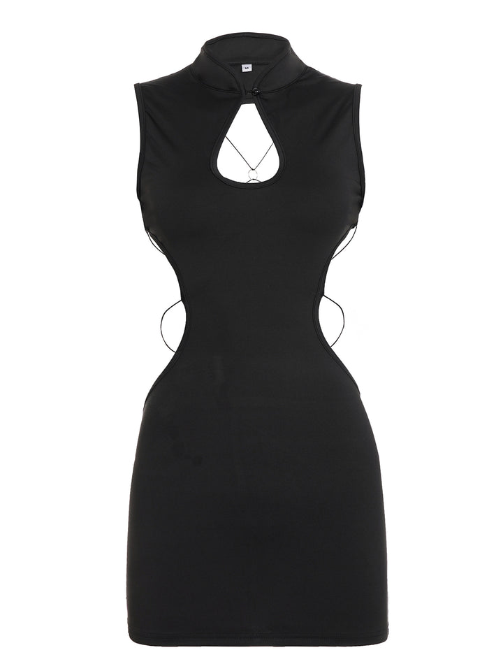 Damen Cut-Out Kleid mit hochgeschlossenem Kragen und seitlichen Auschnitten Drune
