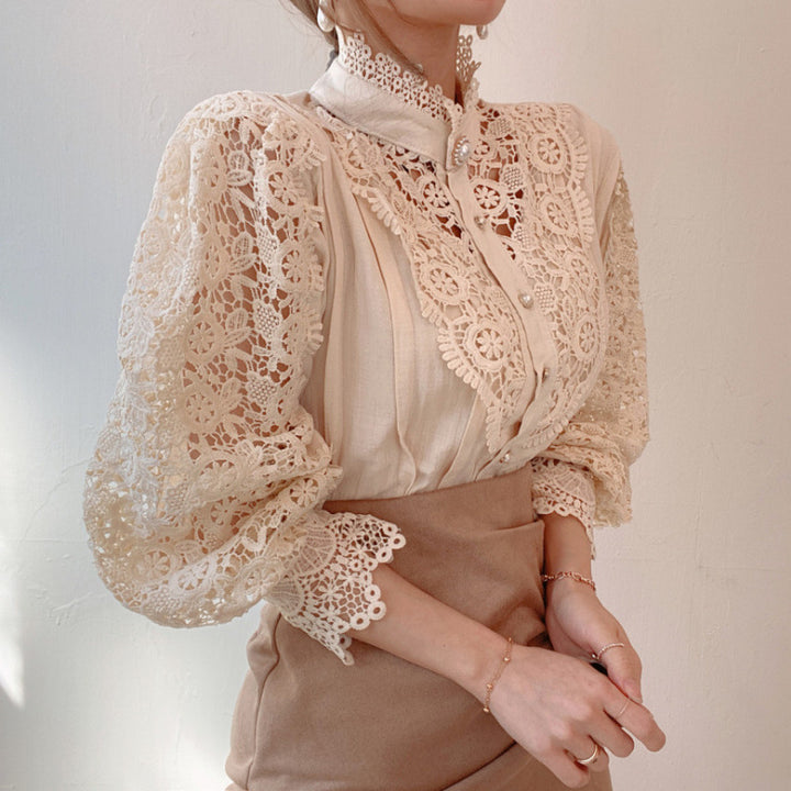 Damen elegante Spitze Bluse mit hohem Kragen Drune