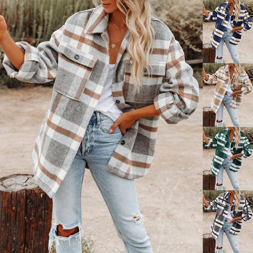 Damen nan karierte Overshirtjacke mit Brusttaschen und lockerer Passform Drune