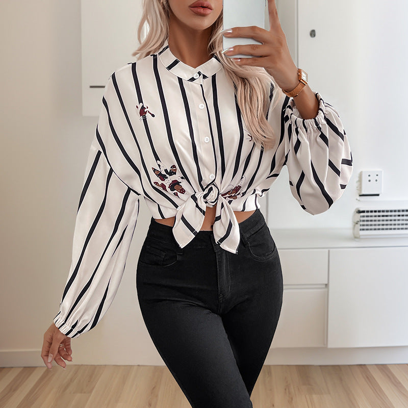 Damen gestreifte Bluse mit eleganten Stickereien und modischen Puffärmeln Drune