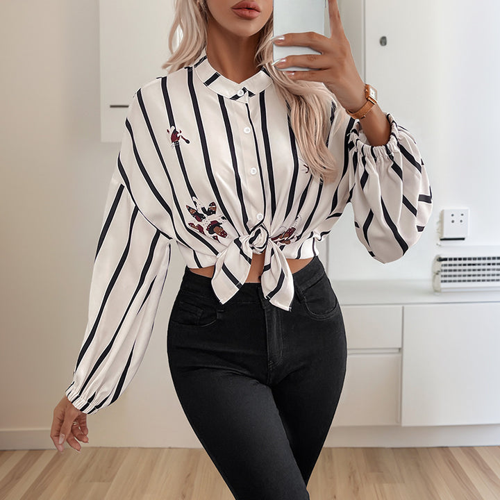 Damen gestreifte Bluse mit eleganten Stickereien und modischen Puffärmeln Drune