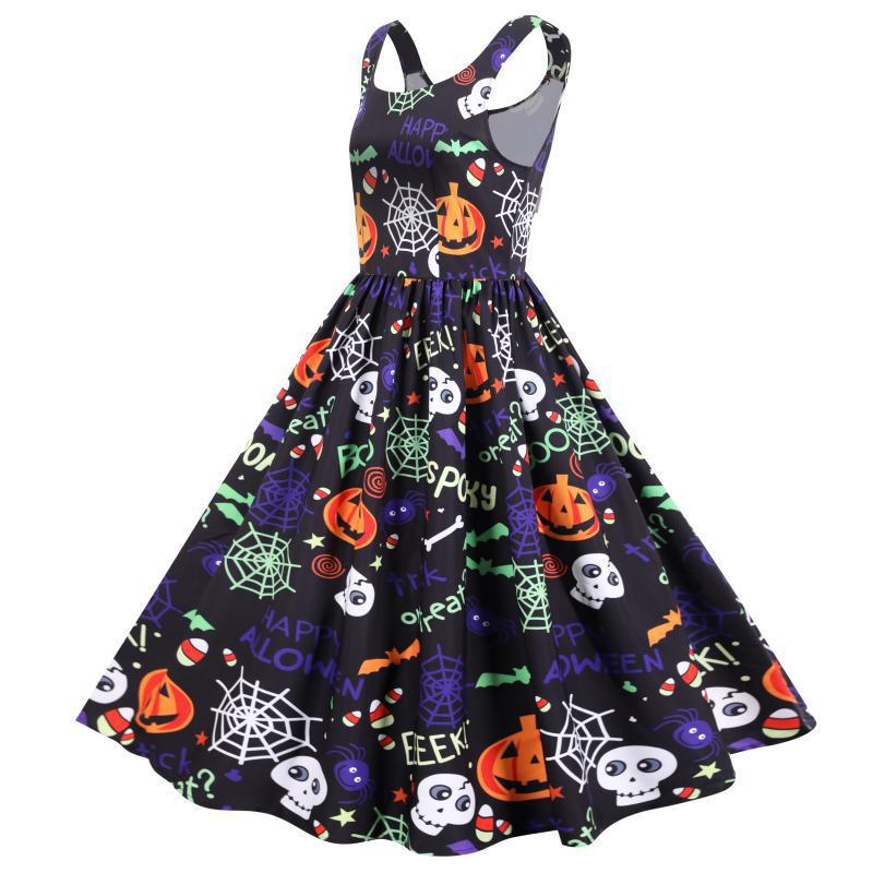 Damen Swingkleid mit Halloween-Motiven und eleganter A-Linien-Silhouette Drune