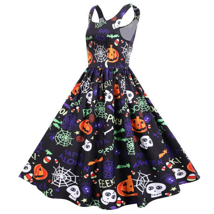 Damen Swingkleid mit Halloween-Motiven und eleganter A-Linien-Silhouette Drune