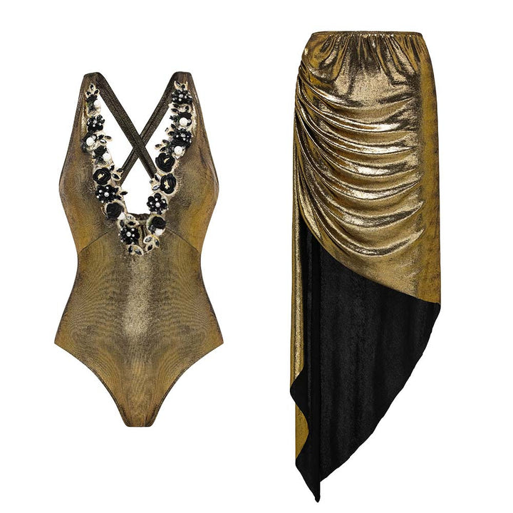 Damen Luxuriöser Schwimmanzug mit schulterfreien Rüschenträgern und passendem Maxirock Drune