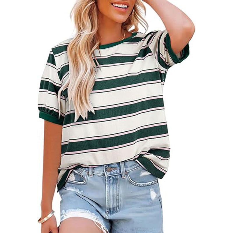 Damen lässiges Streifen T-Shirt mit Kurzarm und Rundhalsausschnitt Drune