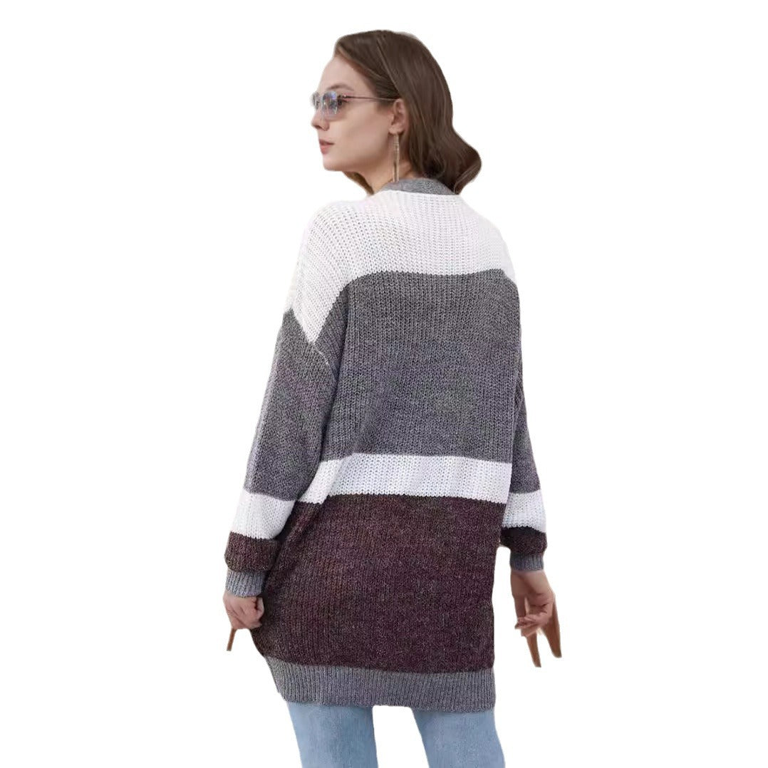 Damen lockere Strickjacke mit modischem Streifenmuster Drune
