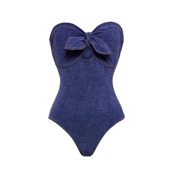 Damen Bandeau Badeanzug mit dekorativen Schleifen und gestreiftem Maxiröckchen Drune