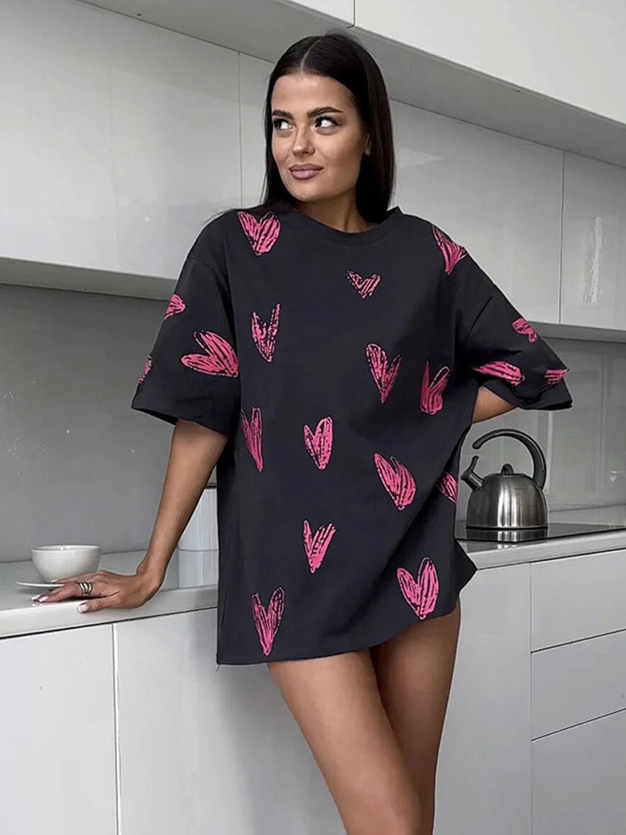 Damen Lässiges T-Shirt mit Herzmotiven und weit geschnittenem Schnitt Drune