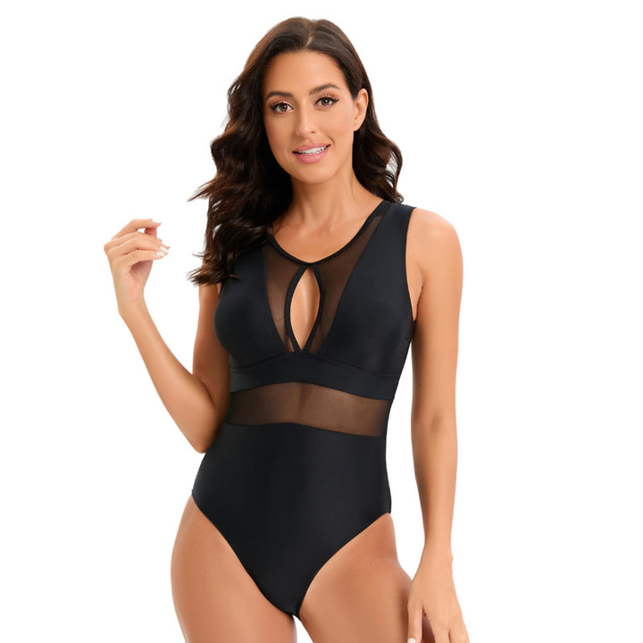 Damen Sportlicher Einteiler Badeanzug mit transparenten Einsätzen Drune