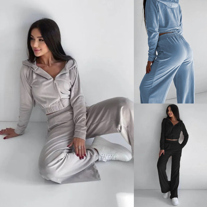 Damen Sportliches Velours-Loungewear-Set mit cropped Jacke und bequemen Hosen Drune