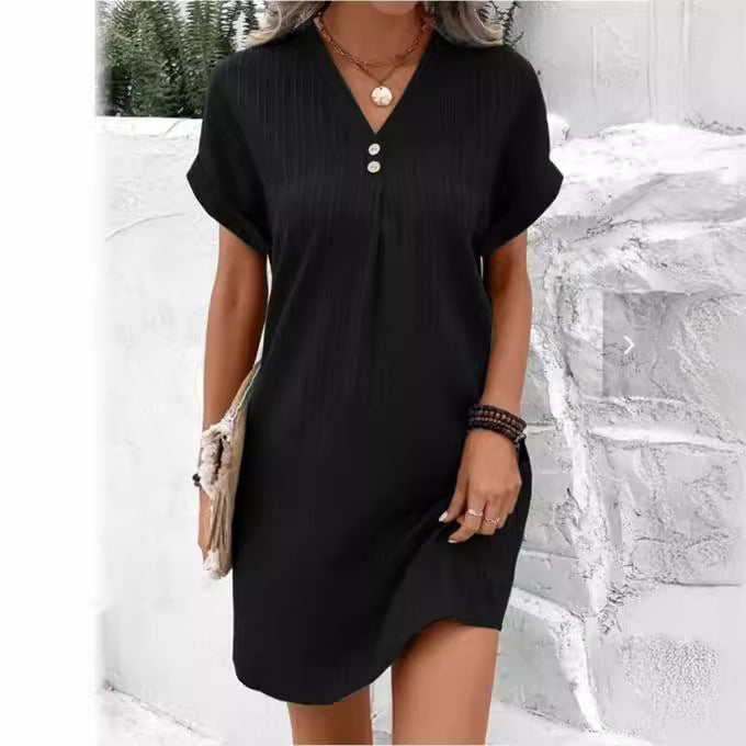 Damen Kurzarm Kleid mit Knopfleiste und feinem Längsstreifenmuster Drune