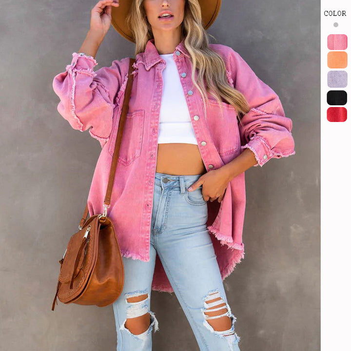 Damen lässige Overshirtjacke aus leichtem Denim mit fransigen Details Drune