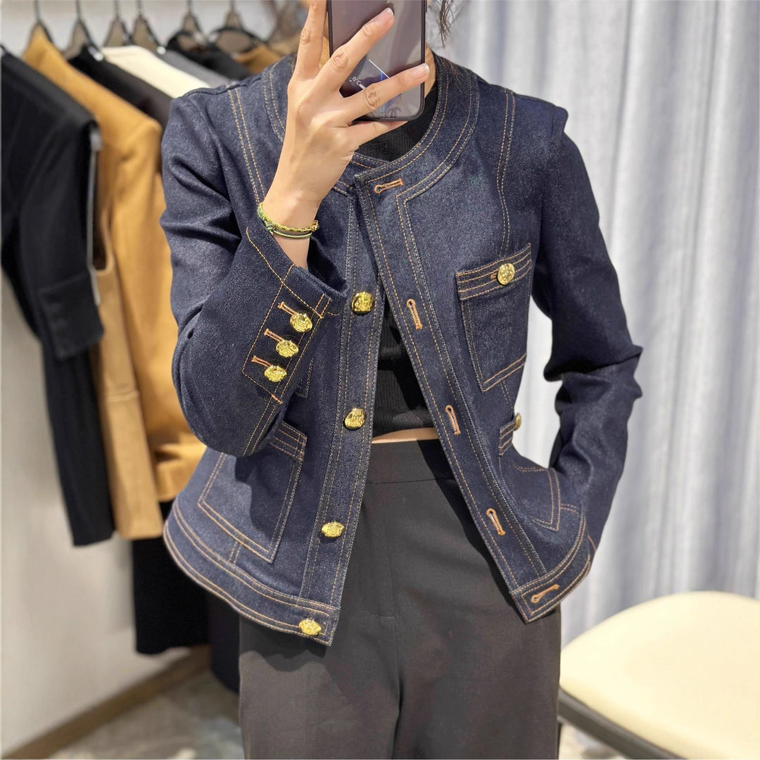 Damen Modische Denimjacke mit goldenen Knöpfen Drune