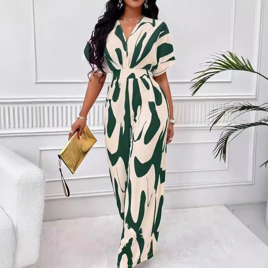 Damen Eleganter Jumpsuit mit großflächigem Muster und V-Ausschnitt Drune