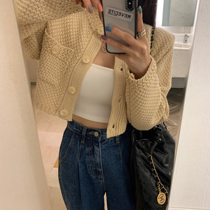 Damen modische Strickjacke mit dekorativen Knöpfen und Taschen Drune