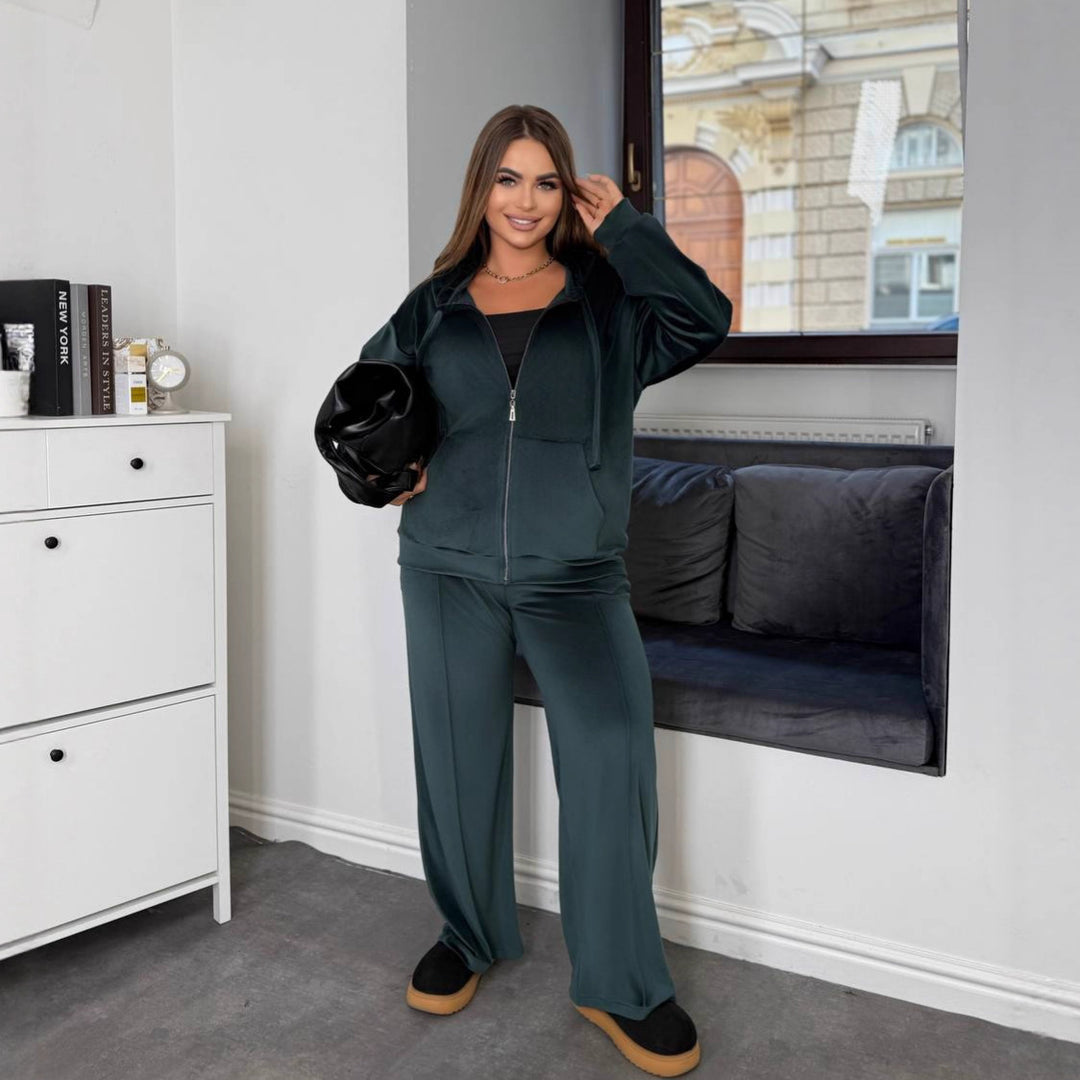 Damen sportliches Fleece-Jogginganzug-Set mit Kapuze und elastischer Taille Drune