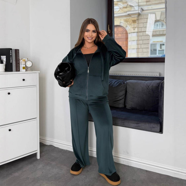 Damen sportliches Fleece-Jogginganzug-Set mit Kapuze und elastischer Taille Drune