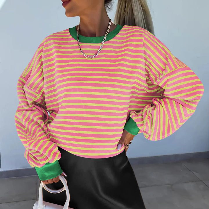 Damen lässiges gestreiftes Sweatshirt mit Boxy-Schnitt und kontrastierenden Abschlüssen Drune