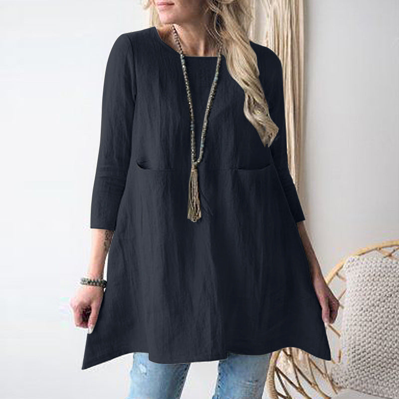 Damen lässiges Tunika-Shirt mit seitlichen Taschen und 3/4 Ärmeln Drune