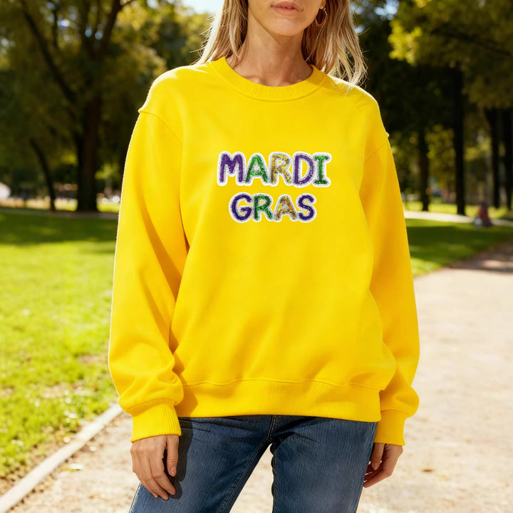 Damen Sweatshirt mit lebhaftem Mardi Gras Schriftzug Drune
