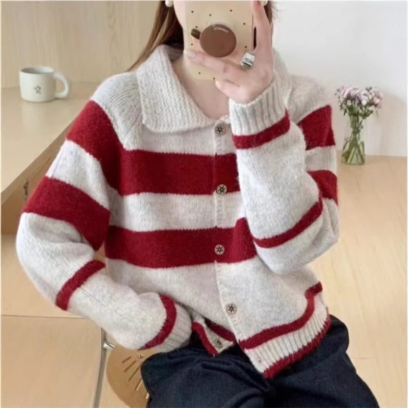 Damen kuschelige Strickjacke mit stilvollem Kragen und Streifenmuster Drune