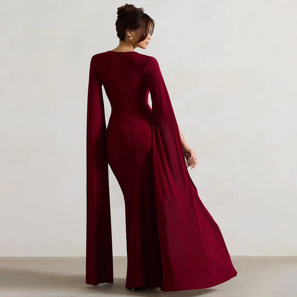 Damen Elegantes Maxikleid mit abnehmbarem Cape und seitlichem Schlitz Drune