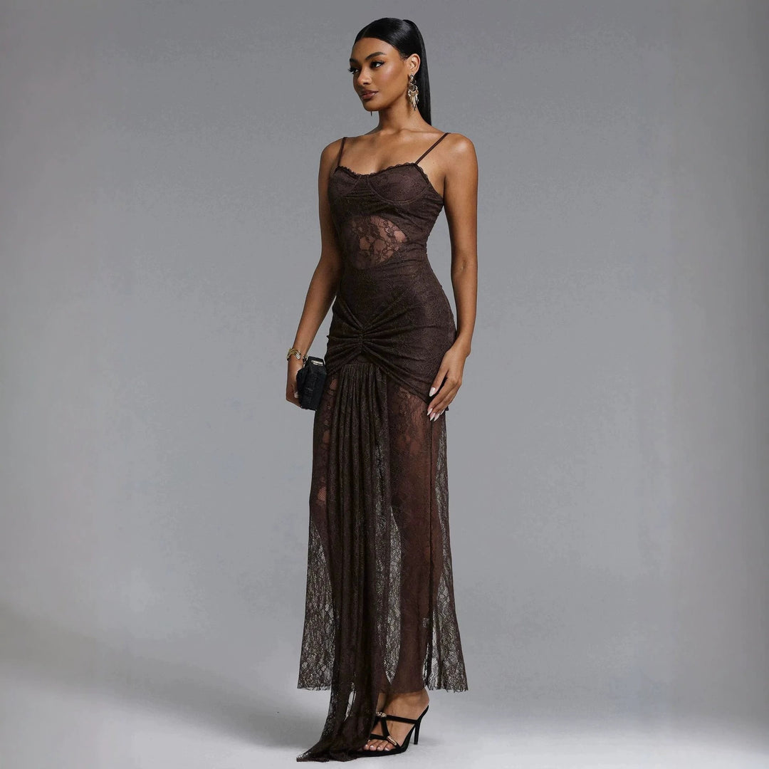 Damen Elegantes Spitzenmaxikleid mit raffinierter Drapierung Drune