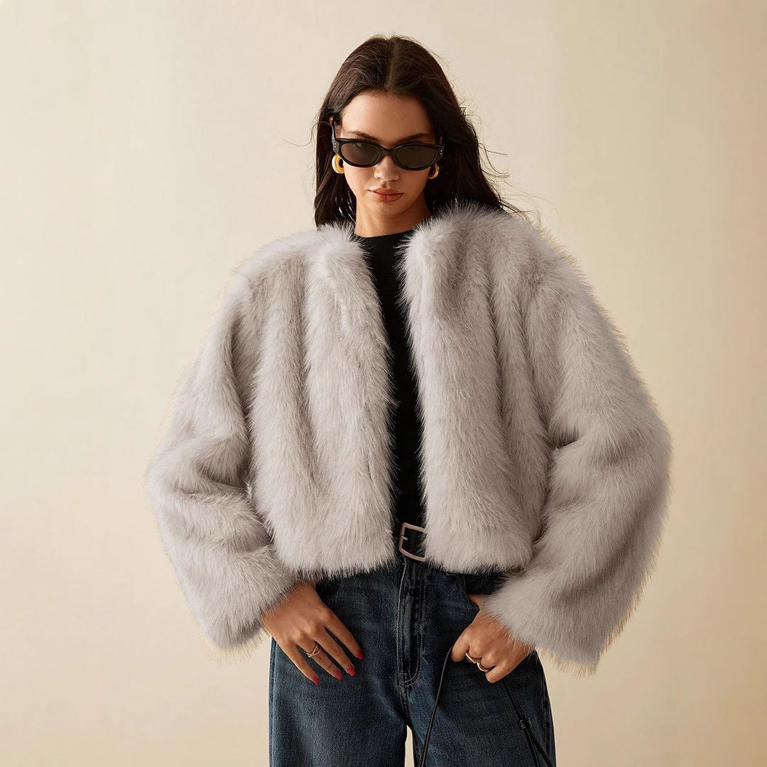 Damen extravagante Kurzarm-Felljacke mit voluminösen Ärmeln Drune