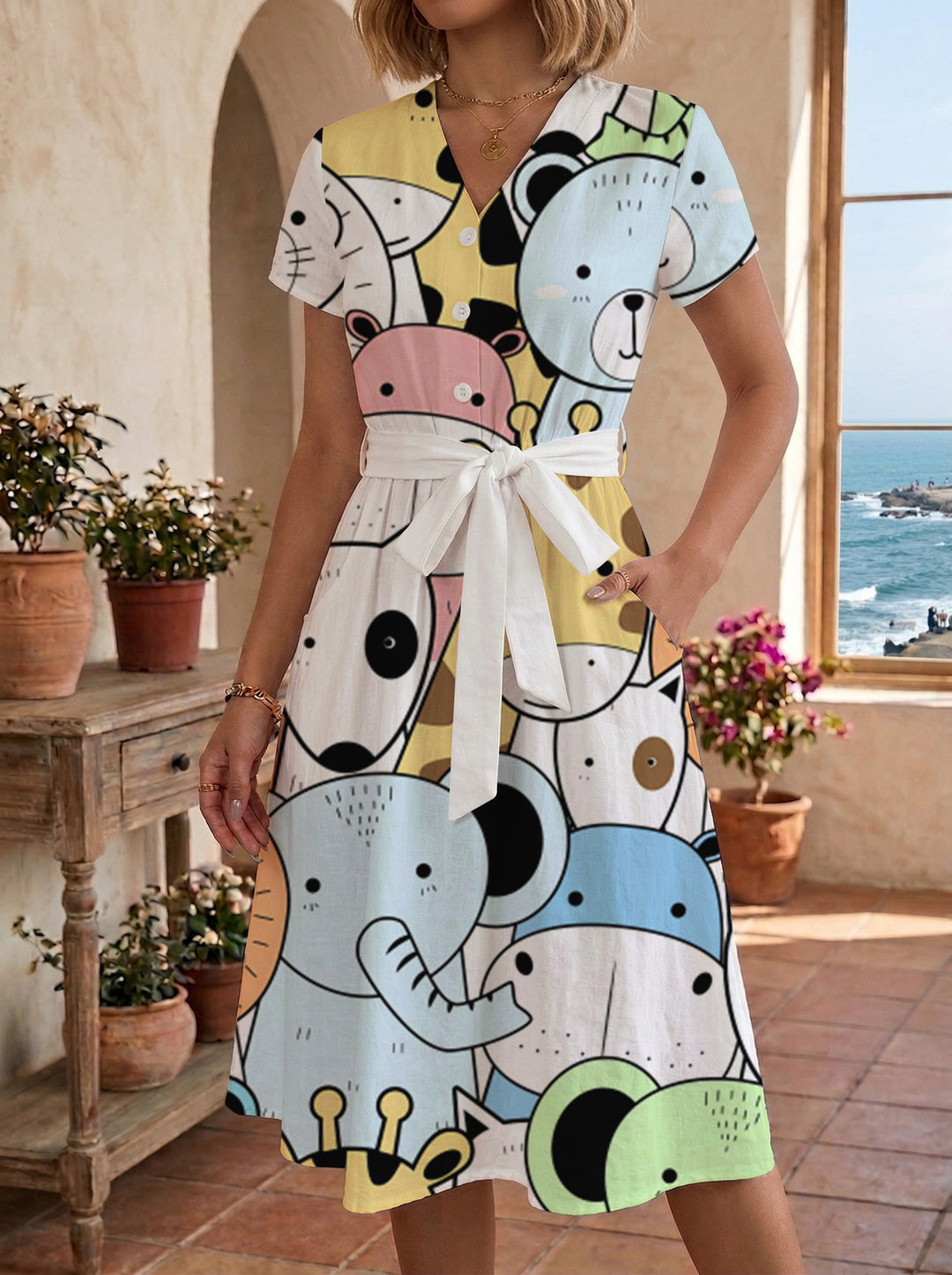 Damen Blühendes Midikleid mit taillierbarem Gürtel und kunstvollem Print Drune