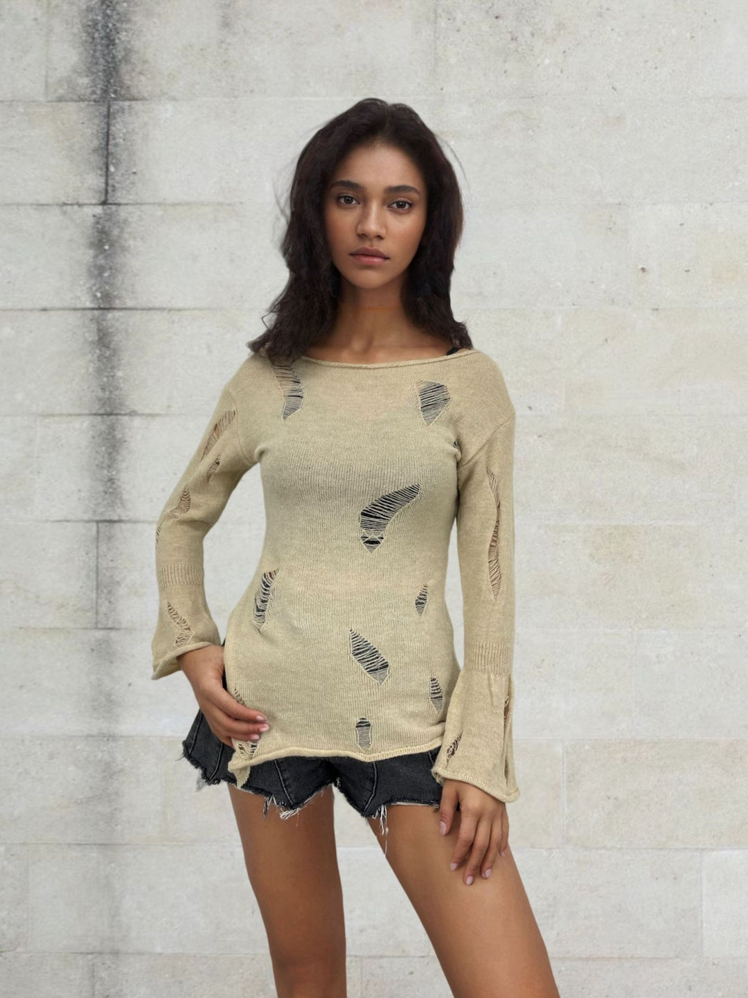 Damen Strickpullover mit lässigem, ausgefranstem Design Drune