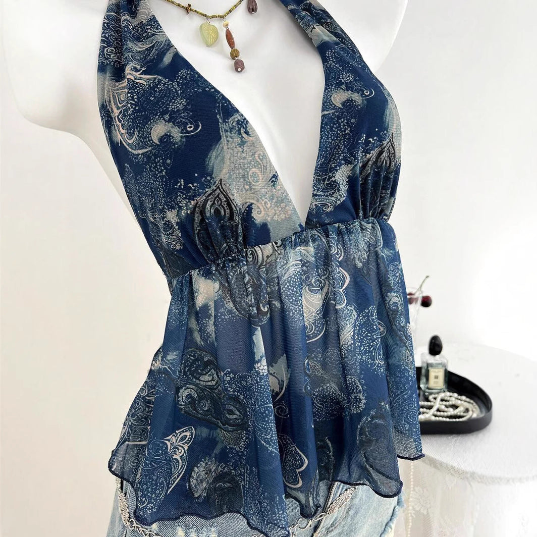 Damen luftiges Blusentop im halterlosen Design mit floralem Druck Drune