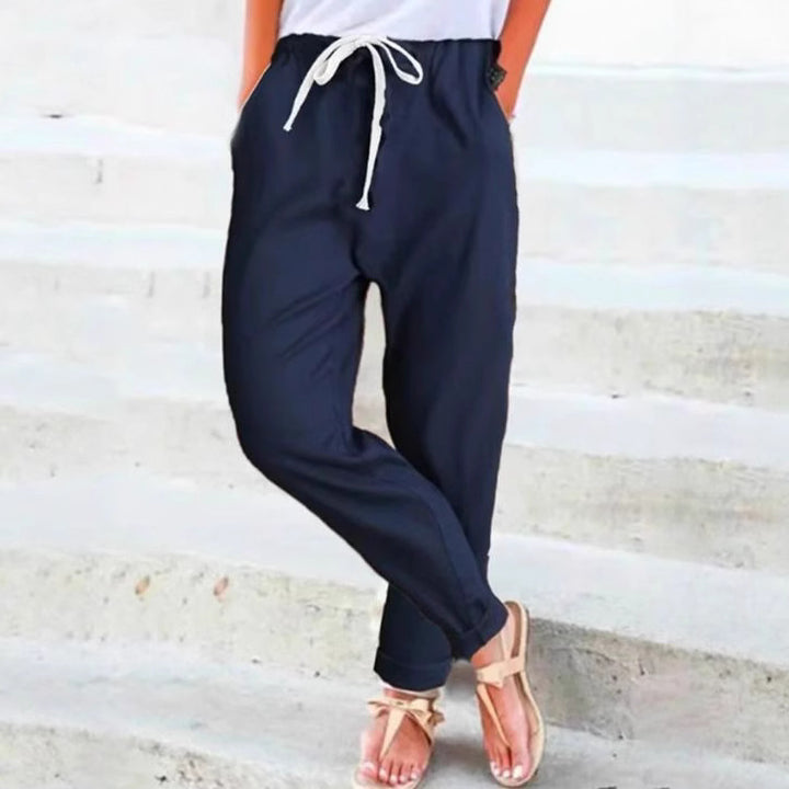 Damen elegante Freizeithose mit elastischem Bund und Bindegürtel Drune
