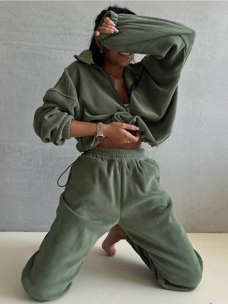 Damen Fleece-Loungewear-Set mit halbem Reißverschluss und elastischem Bund Drune