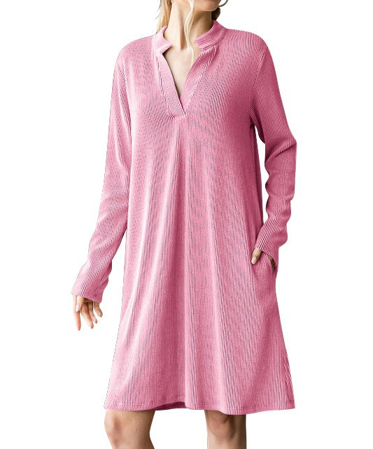 Damen lässiges Langarmkleid mit Knopfleiste und Taschen Drune
