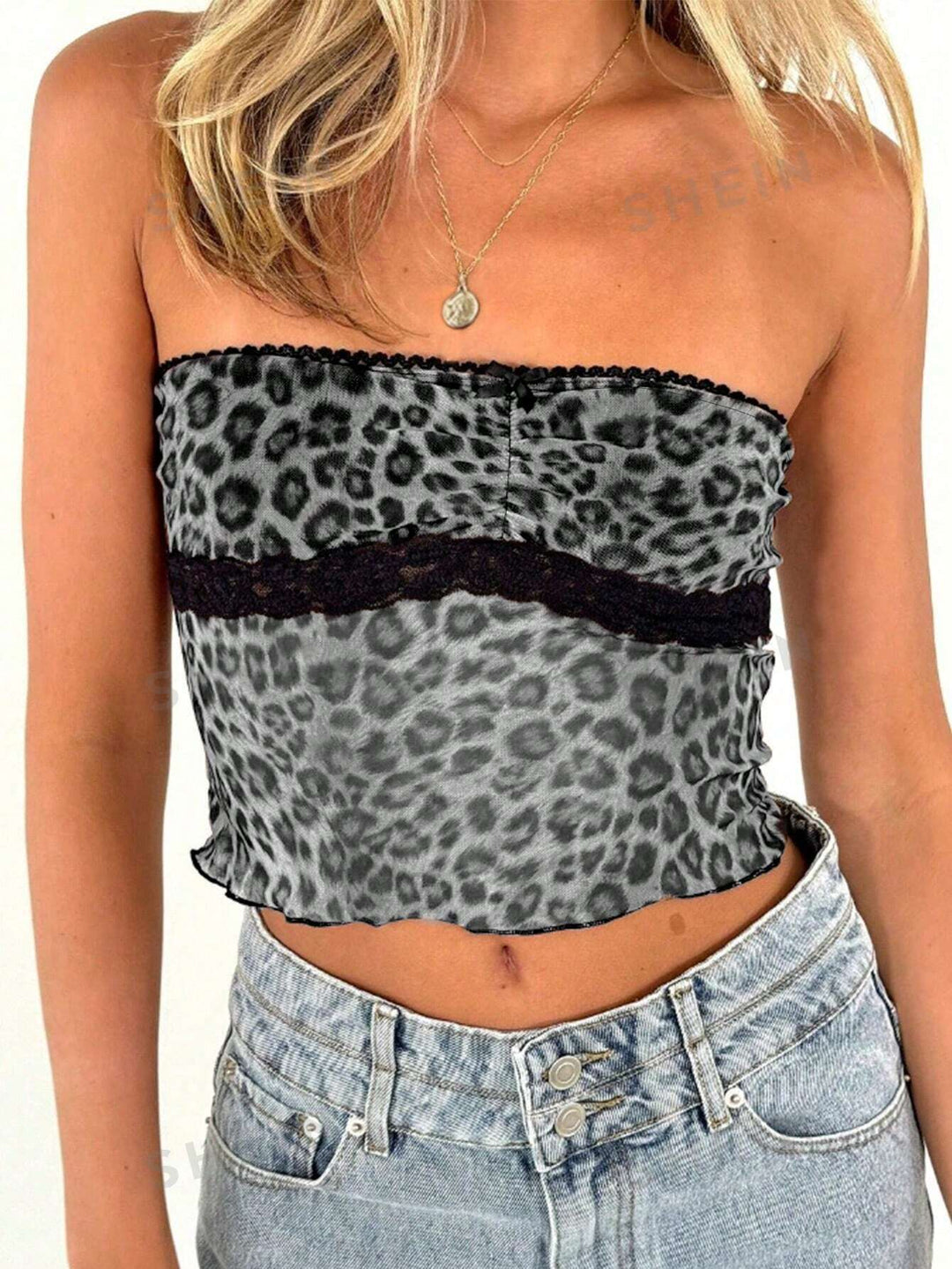 Damen Bandeau-Top mit trendigem Leopardenmuster und zarter Spitzenkante Drune