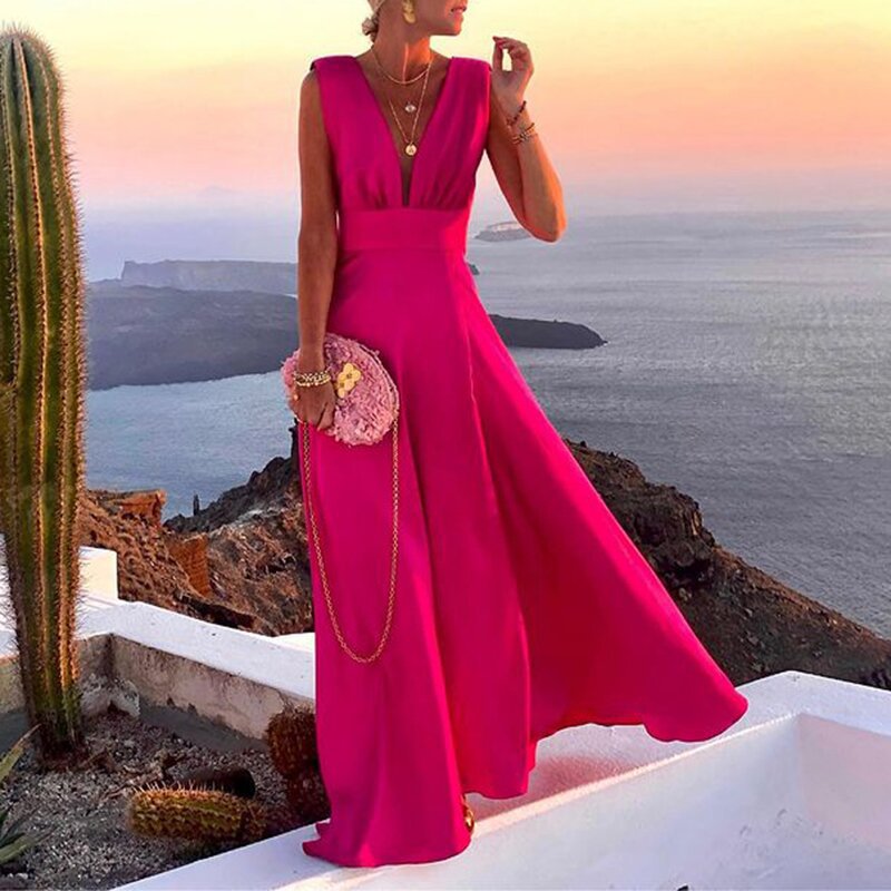 Damen Maxikleid mit geometrischem Schnitt und tiefem V-Ausschnitt Drune