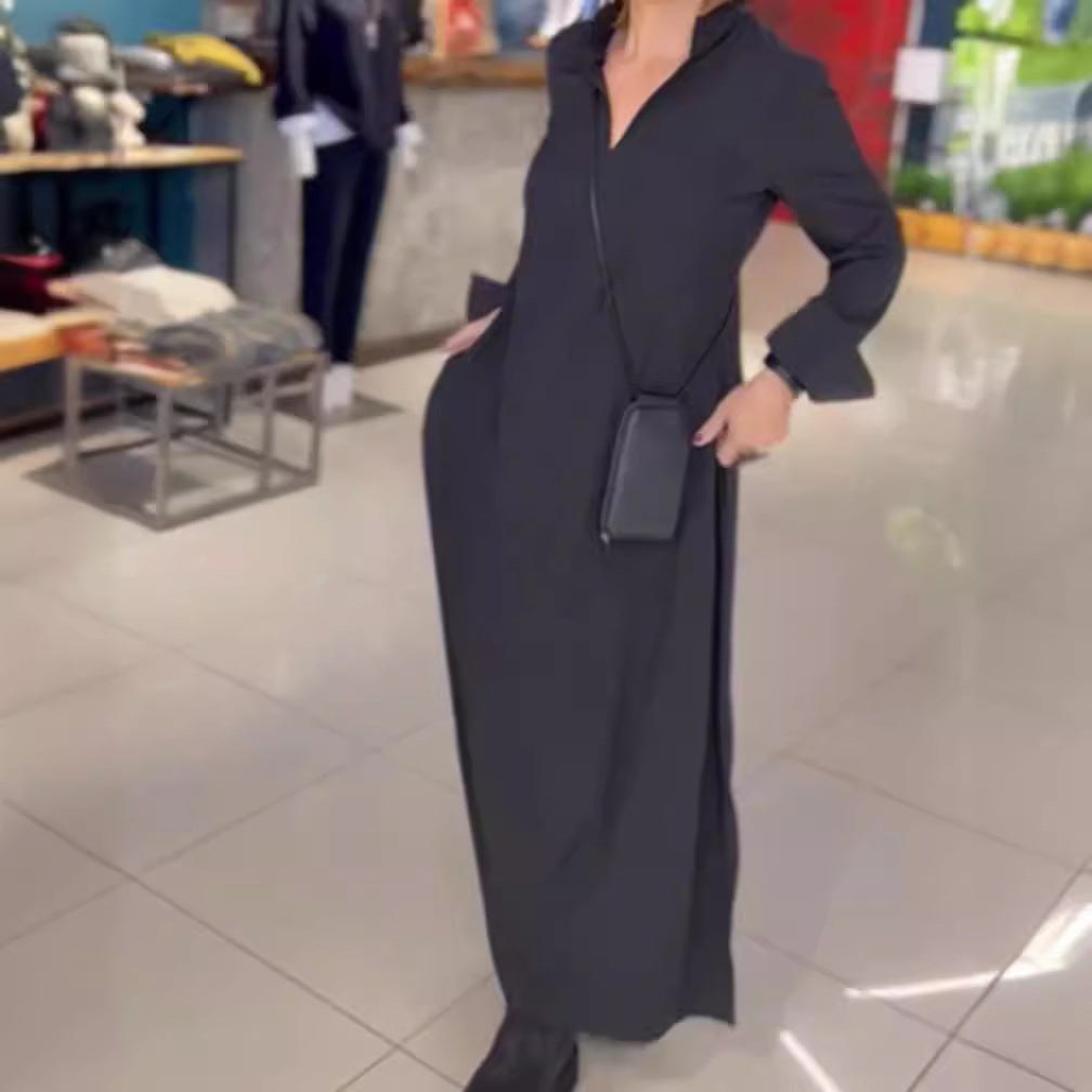 Damen Maxikleid mit elegantem Kragen und praktischem Taschendesign Drune
