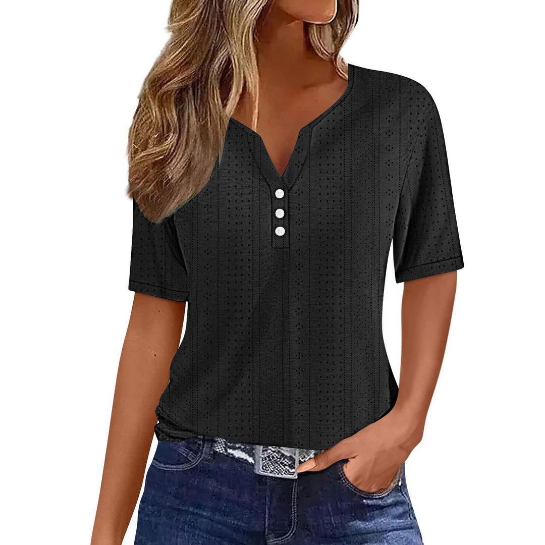 Damen kurzärmeliges T-Shirt mit Knopfdetails und eingewebtem Muster Drune