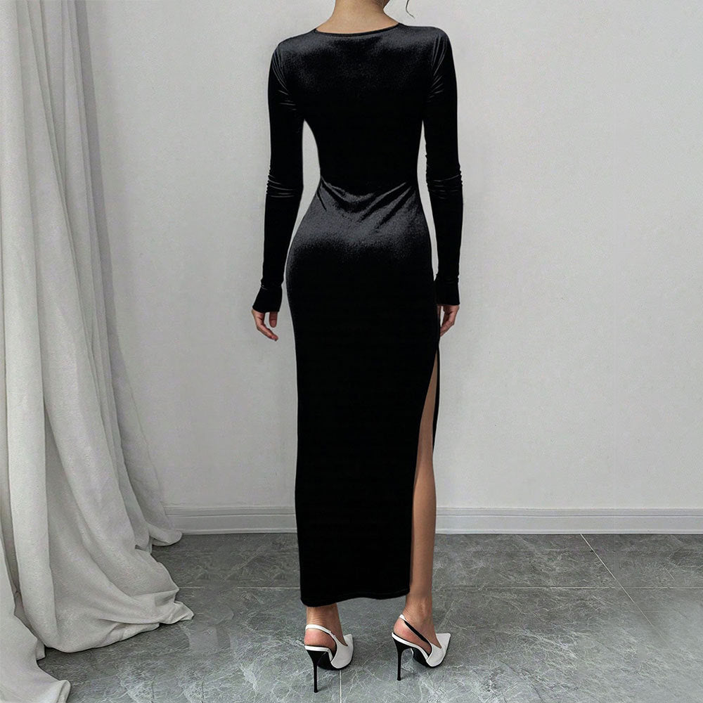 Damen Samt Maxikleid mit tiefem V-Ausschnitt und elegantem Schlitz Drune