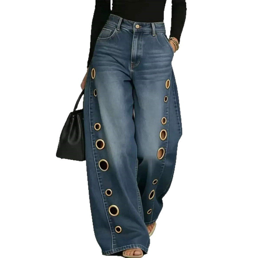 Damen Weit geschnittene Jeans mit dekorativen Ösen und hohem Bund Drune
